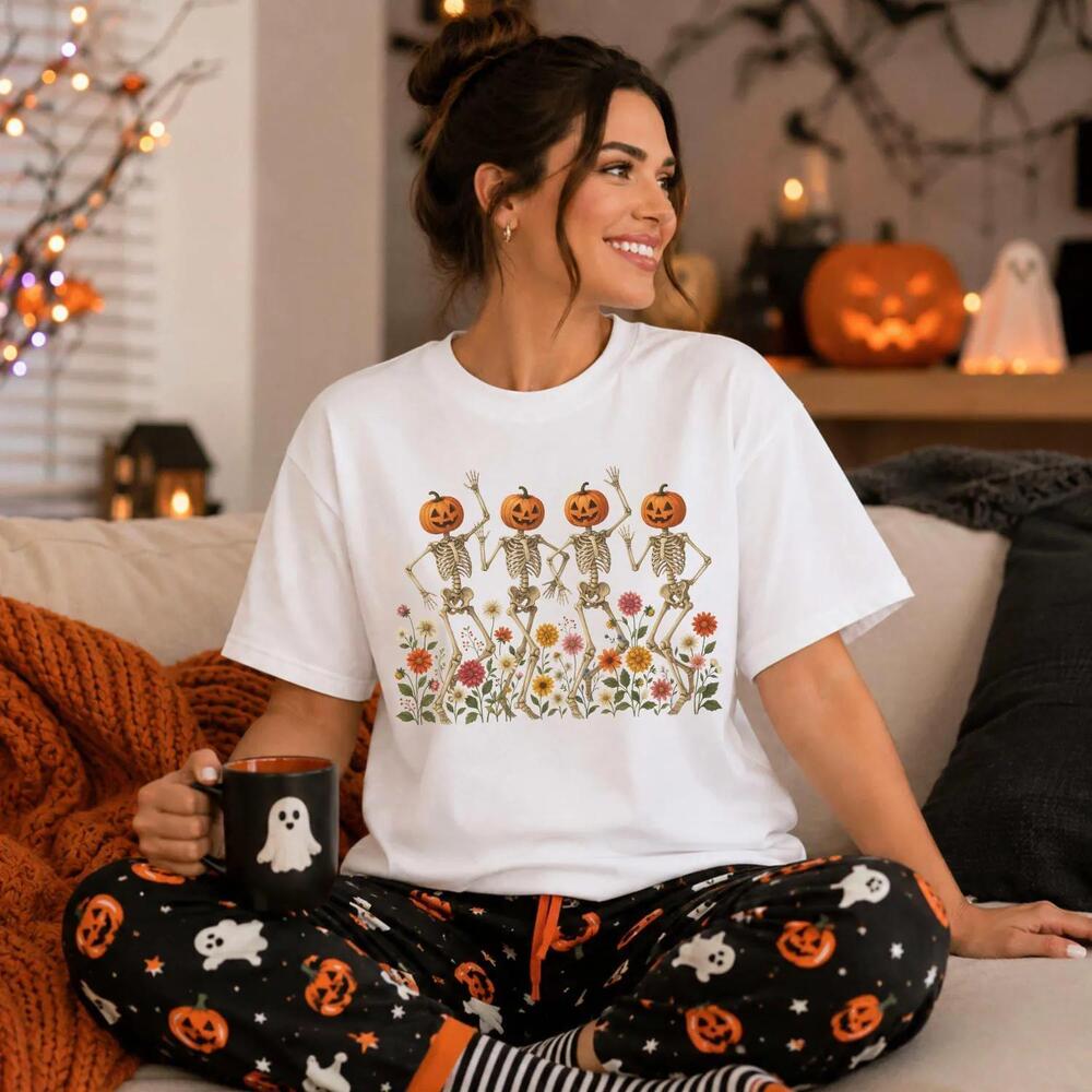 Dancing Skeleton Shirt, Funny Pumpkin Head Tee, Floral Halloween